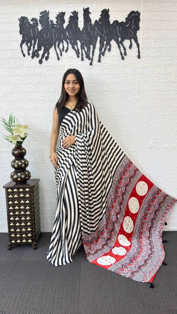 White Color  Mirror Work Satin Silk Saree