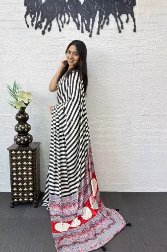White Color  Mirror Work Satin art silk saree