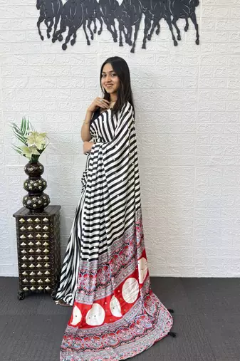 White Color  Mirror Work Satin art silk saree
