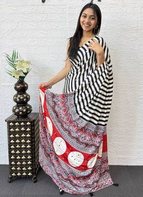 White Color  Mirror Work Satin art silk saree 5
