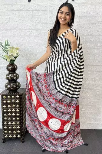 White Color  Mirror Work Satin art silk saree