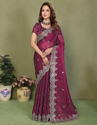 Wine fendy chiffon embroiderd sequence work saree with matching blouse piece 1