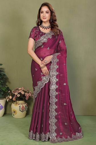 Wine fendy chiffon embroiderd sequence work saree with matching blouse piece