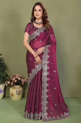 Wine fendy chiffon embroiderd sequence work saree with matching blouse piece