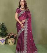 Wine fendy chiffon embroiderd sequence work saree with matching blouse piece