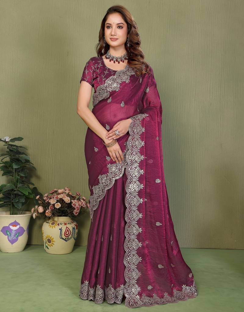 Wine fendy chiffon embroiderd sequence work saree with matching blouse piece