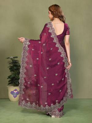Wine fendy chiffon embroiderd sequence work saree with matching blouse piece 2
