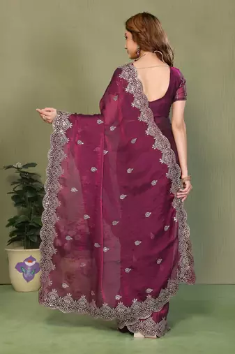 Wine fendy chiffon embroiderd sequence work saree with matching blouse piece