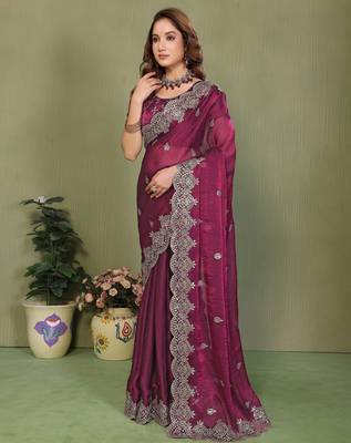 Wine fendy chiffon embroiderd sequence work saree with matching blouse piece 3