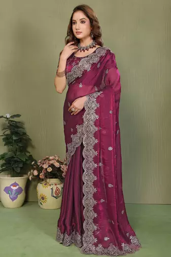 Wine fendy chiffon embroiderd sequence work saree with matching blouse piece