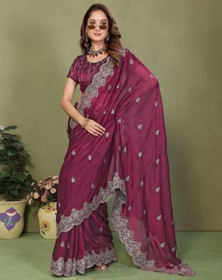 Wine fendy chiffon embroiderd sequence work saree with matching blouse piece 4