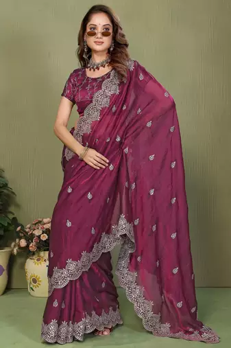 Wine fendy chiffon embroiderd sequence work saree with matching blouse piece