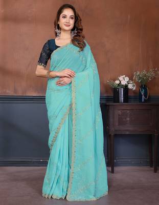 Blue crunchy cruss silk embroiderd saree with contrast blouse piece 1