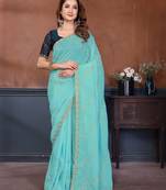 Blue crunchy cruss silk embroiderd saree with contrast blouse piece
