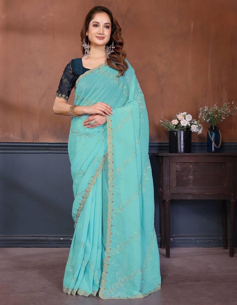 Blue crunchy cruss silk embroiderd saree with contrast blouse piece