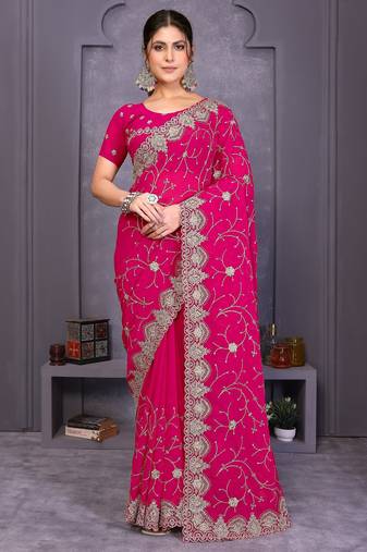 Lavender crunchy cruss silk embroiderd saree with contrast blouse piece