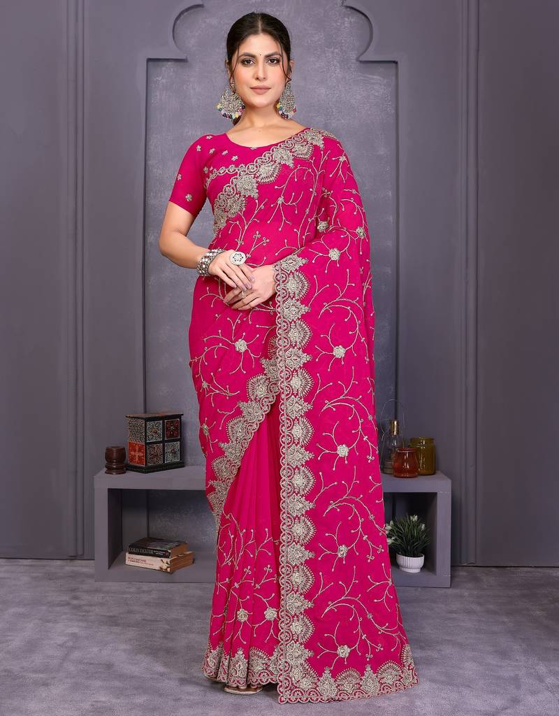 Lavender crunchy cruss silk embroiderd saree with contrast blouse piece