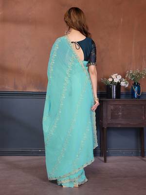 Blue crunchy cruss silk embroiderd saree with contrast blouse piece 2