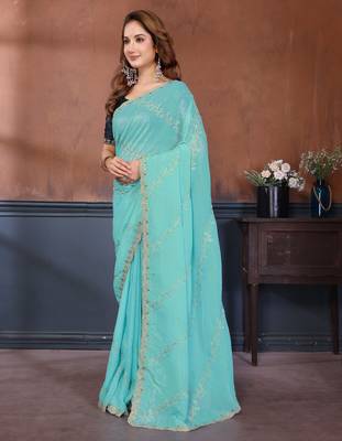 Blue crunchy cruss silk embroiderd saree with contrast blouse piece 3