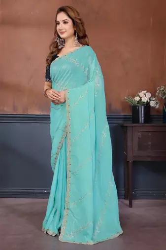 Blue crunchy cruss silk embroiderd saree with contrast blouse piece