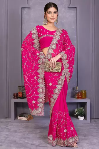 Lavender crunchy cruss silk embroiderd saree with contrast blouse piece