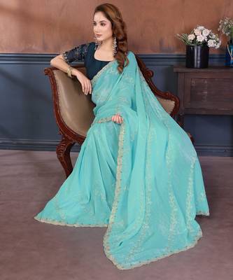 Blue crunchy cruss silk embroiderd saree with contrast blouse piece 4