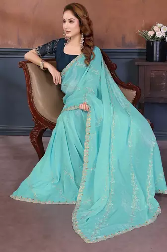Blue crunchy cruss silk embroiderd saree with contrast blouse piece