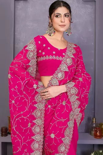 Lavender crunchy cruss silk embroiderd saree with contrast blouse piece
