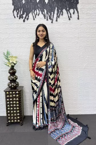 Black Color Heavy Mirror Work  Satin Silk  Saree