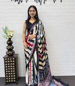 Black Color Heavy Mirror Work  Satin Silk  Saree