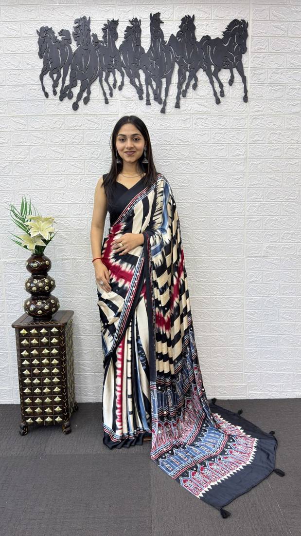 Black Color Heavy Mirror Work  Satin Silk  Saree