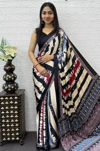 Black Color Heavy Mirror Work  Satin Silk  Saree