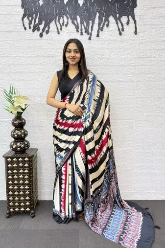 Black Color Heavy Mirror Work  Satin Silk  Saree