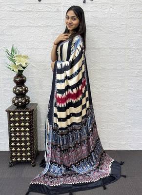 Black Color Heavy Mirror Work  Satin Silk  Saree 4