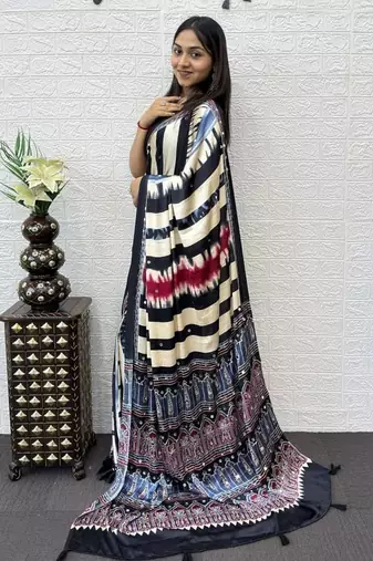 Black Color Heavy Mirror Work  Satin Silk  Saree
