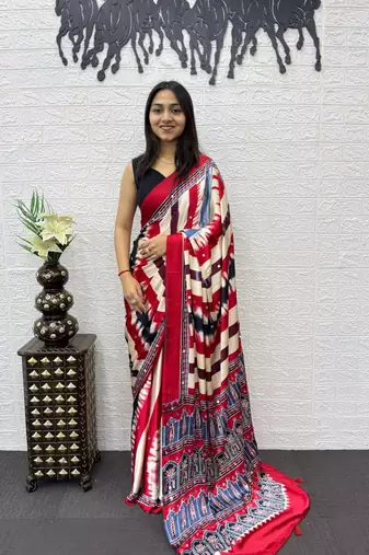 Red Color Heavy Mirror Work  Satin Silk  Saree