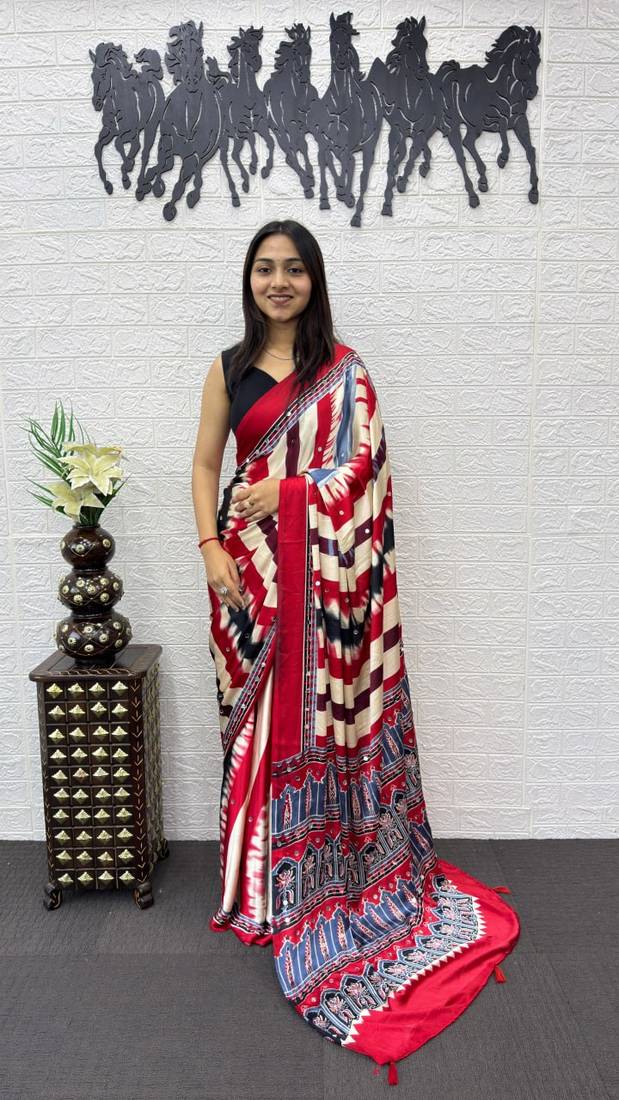 Red Color Heavy Mirror Work  Satin Silk  Saree