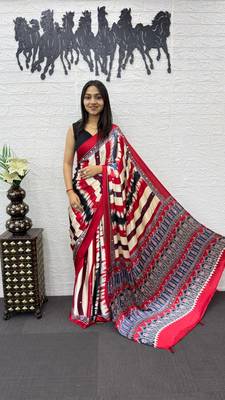 Red Color Heavy Mirror Work  Satin Silk  Saree 2