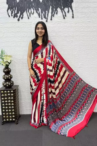 Red Color Heavy Mirror Work  Satin Silk  Saree