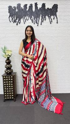 Red Color Heavy Mirror Work  Satin Silk  Saree 3
