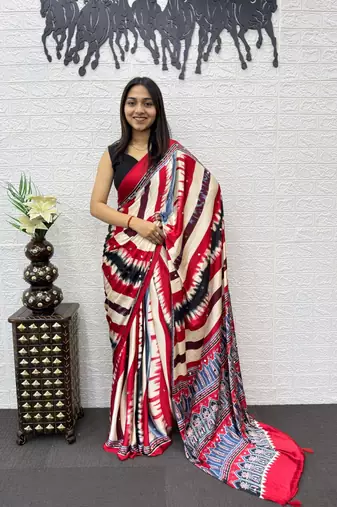 Red Color Heavy Mirror Work  Satin Silk  Saree