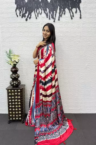 Red Color Heavy Mirror Work  Satin Silk  Saree