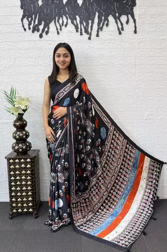 Black Color Heavy Mirror Work with Elegant Viscose Latkan Pallu Border Work Satin Saree
