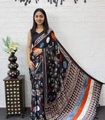 Black Color Heavy Mirror Work with Elegant Viscose Latkan Pallu Border Work Satin Saree