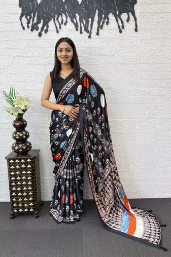 Black Color Heavy Mirror Work with Elegant Viscose Latkan Pallu Border Work Satin Saree