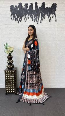Black Color Heavy Mirror Work with Elegant Viscose Latkan Pallu Border Work Satin Saree 3