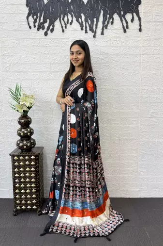 Black Color Heavy Mirror Work with Elegant Viscose Latkan Pallu Border Work Satin Saree