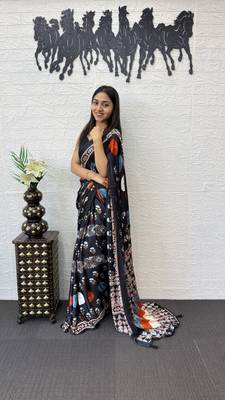 Black Color Heavy Mirror Work with Elegant Viscose Latkan Pallu Border Work Satin Saree 4