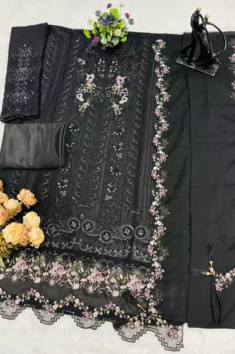 Black chiffon suit with embroidered crystal khatli 