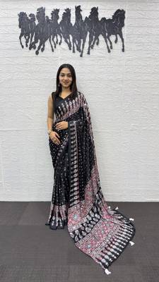 Black Color Heavy Mirror Work with Elegant Viscose Latkan Pallu Border Work Satin art silk saree 1
